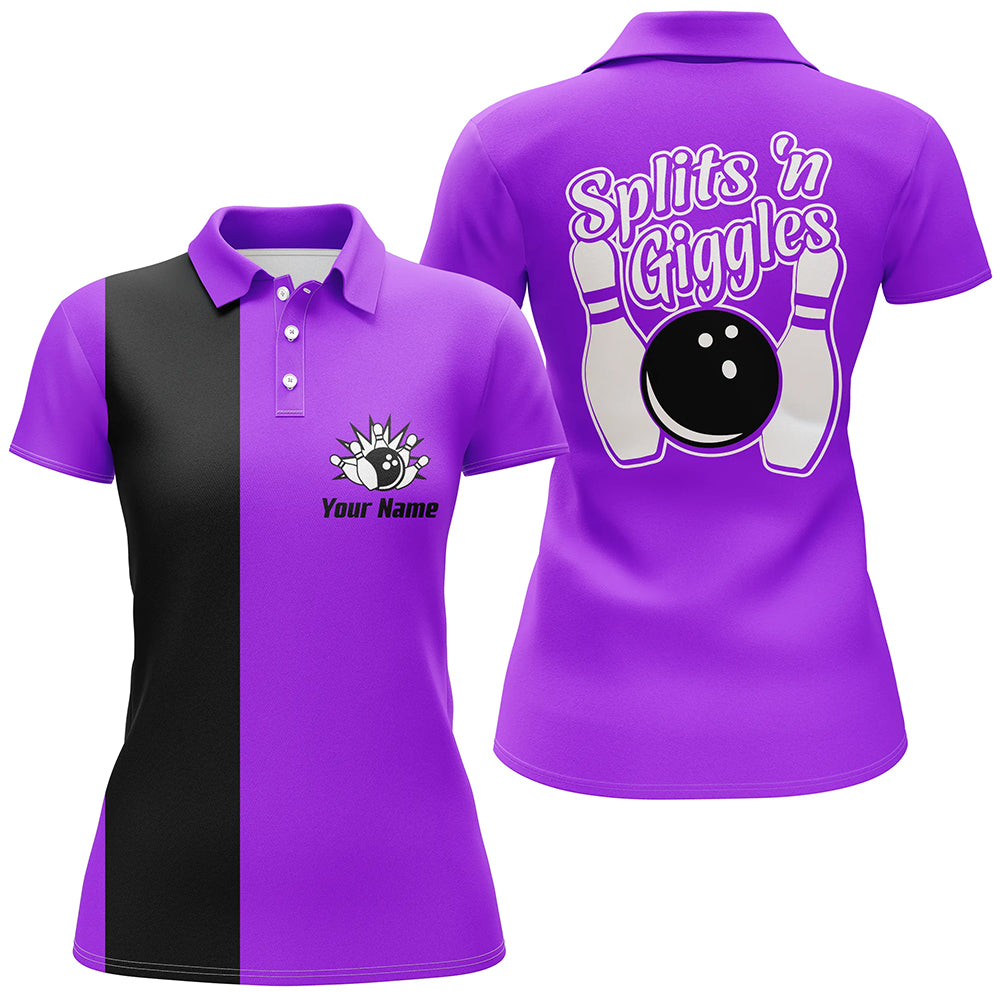 Splits 'n Giggles Bowling polo, 1/4 zip Shirt For Women Personalized Purple retro bowling Jerseys NQS8489