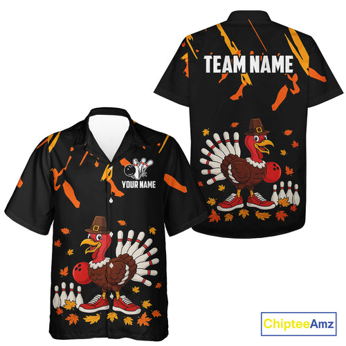 Custom Turkey Bowling Hawaiian Shirt Black & Orange Thanksgiving Autumn Team Bowling Button Up Shirt NQS10684