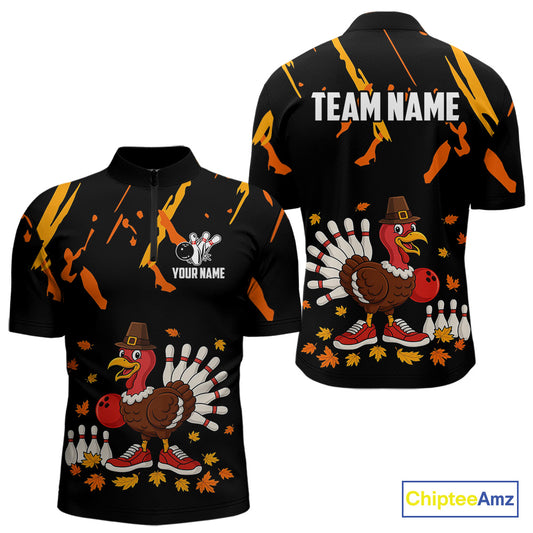 Custom Turkey Bowling Shirts For Men, Black and Orange Thanksgiving Autumn Team Bowling Jersey NQS10684