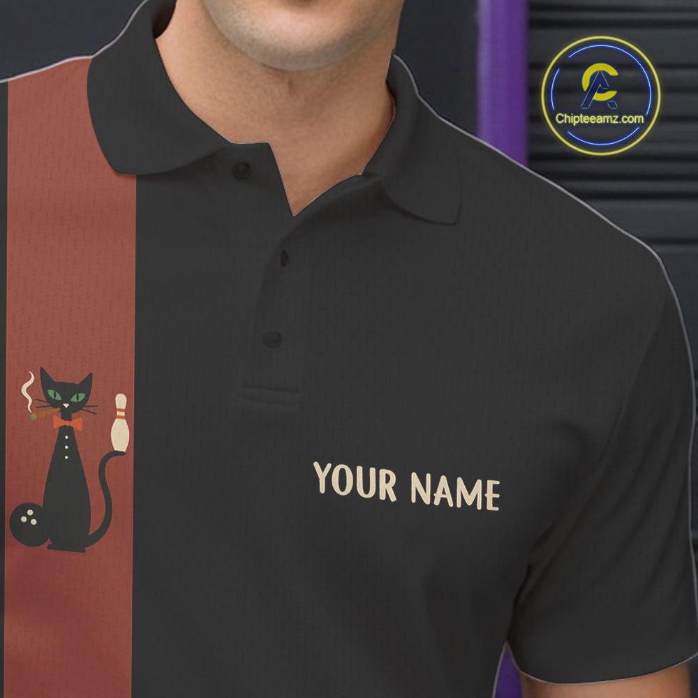 Custom retro bowling shirts Black and Orange Funny Cat Bowling jersey for men Team Bowling Outfit NQS11073