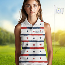 Load image into Gallery viewer, Red, White and Blue stars pattern Women sleeveless golf polo shirt Custom patriotic ladies golf attire NQS9980