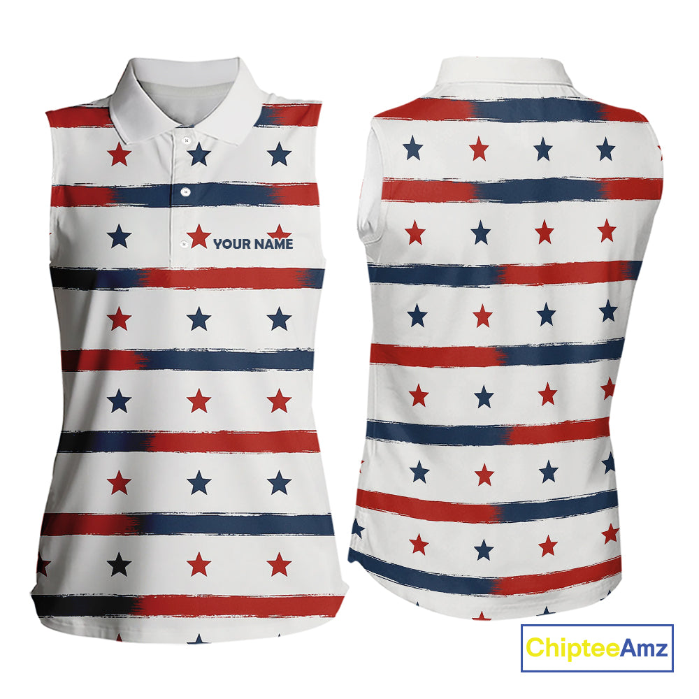 Red, White and Blue stars pattern Women sleeveless golf polo shirt Custom patriotic ladies golf attire NQS9980