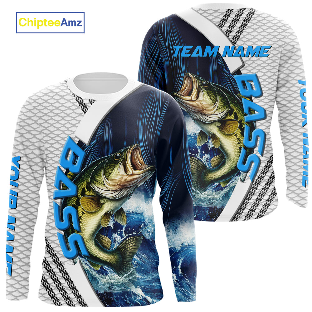Blue and White Camo Largemouth Bass fishing Custom name sun protection Bass fishing team jerseys NQS9981