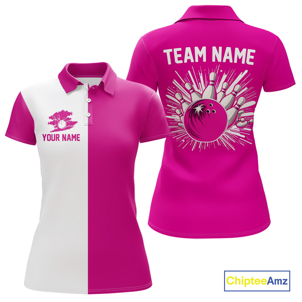 Pink and white Retro Bowling shirts For Women Custom team bowling jerseys gift for Bowlers NQS10147