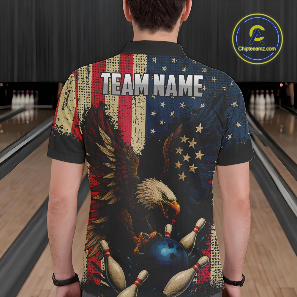 Vintage American Flag Eagle Bowling Shirt For Mens Custom Patriotic Retro Team bowling jerseys NQS10475