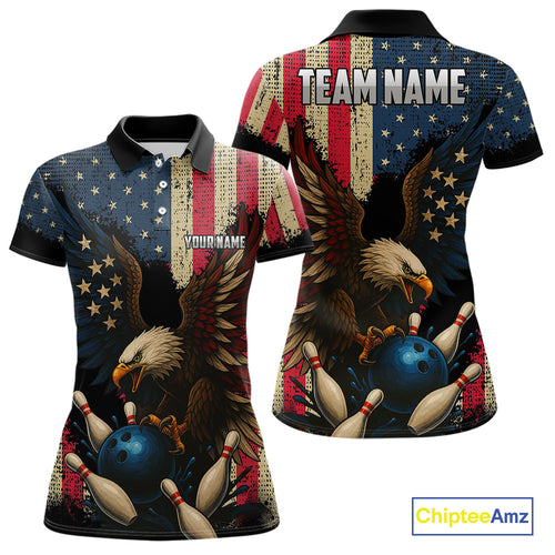 Vintage American Flag Eagle Bowling Shirt For Women Custom Patriotic Retro Team bowling jerseys NQS10475