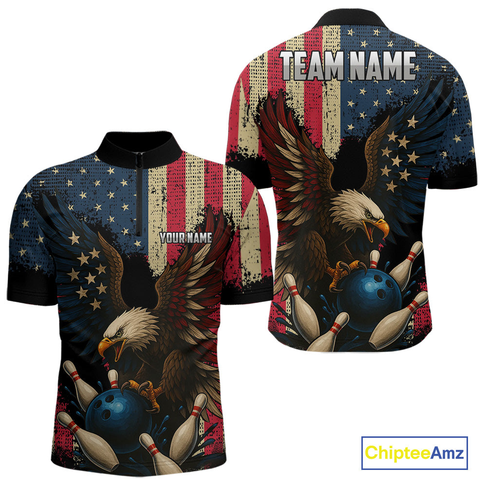 Vintage American Flag Eagle Bowling Shirt For Mens Custom Patriotic Retro Team bowling jerseys NQS10475