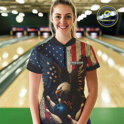Vintage American Flag Eagle Bowling Shirt For Women Custom Patriotic Retro Team bowling jerseys NQS10475