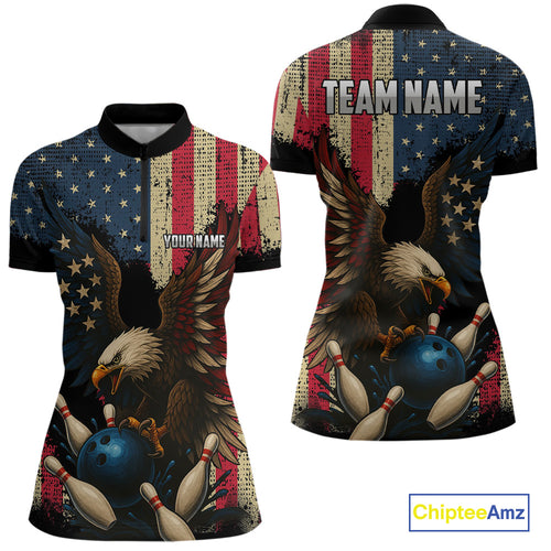 Vintage American Flag Eagle Bowling Shirt For Women Custom Patriotic Retro Team bowling jerseys NQS10475