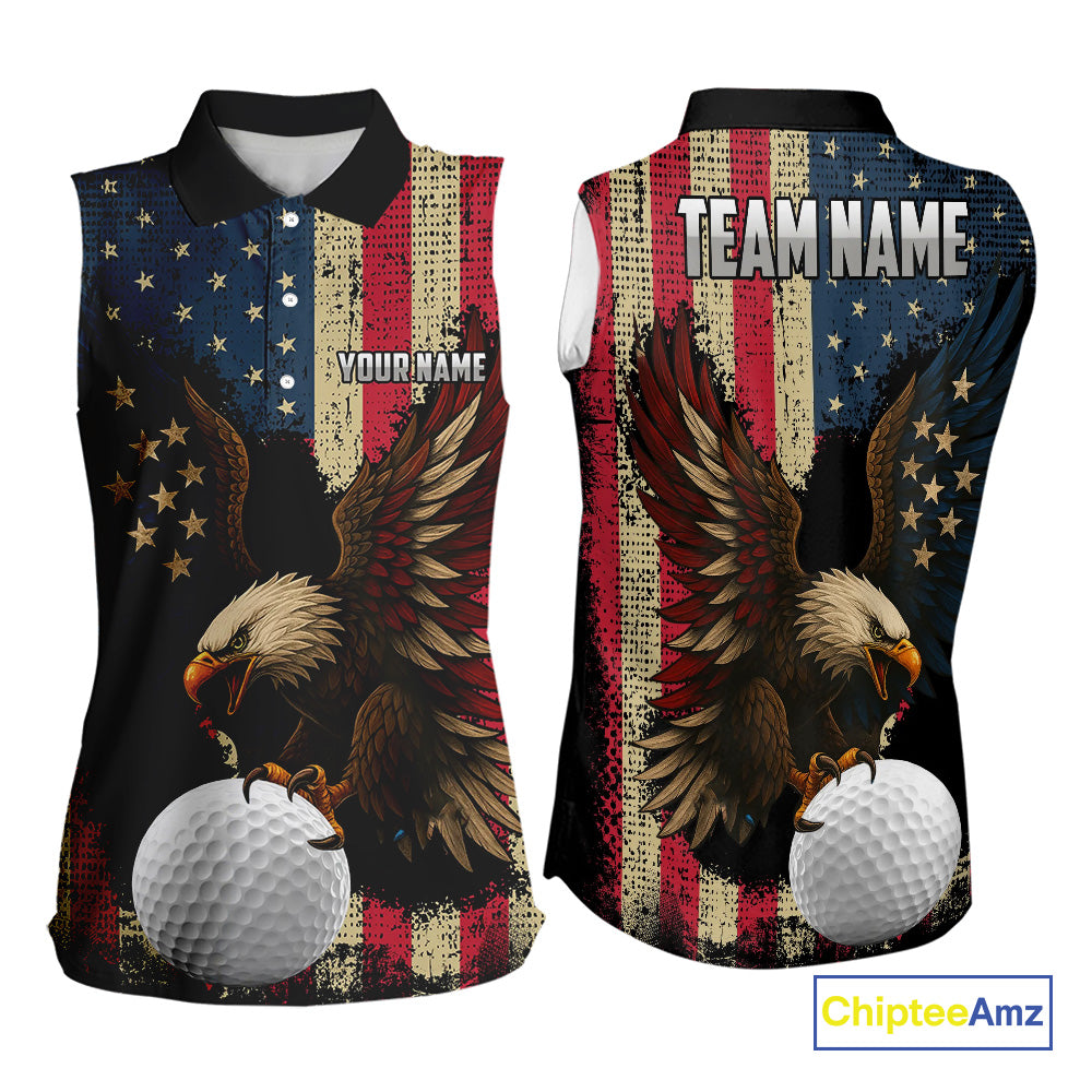 Vintage American Flag Eagle Sleeveless Golf Polo Shirt Custom Patriotic Retro Team ladies golf attire NQS10476
