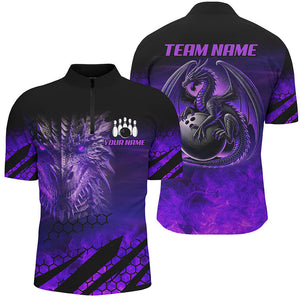 Black And Purple Custom Dragon Flame Bowling Shirts For Men, Dragon Fire Bowling Team Shirts NQS8499