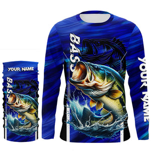 Largemouth Bass Fishing Custom long sleeve performance fishing shirts, team fishing shirt | Blue NQS8501