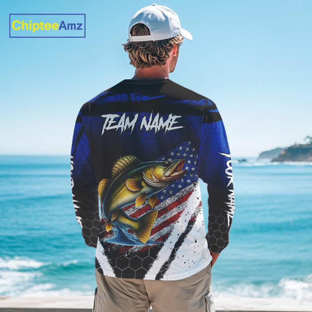 Walleye fishing American Flag Custom patriotic long sleeve team Walleye fishing shirts | Blue NQS10686