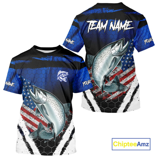 Salmon fishing American Flag Custom patriotic long sleeve team Salmon fishing shirts | Blue NQS10687