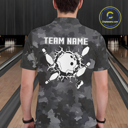 Bowling Polo, Quarter Zip shirts For Men Custom bowling ball and pins black camo Bowling Team Jersey NQS10889