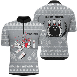 Grey Ugly Christmas pattern Mens Bowling Polo, Quarter zip shirts Custom Xmas Team Bowling Jersey NQS8973