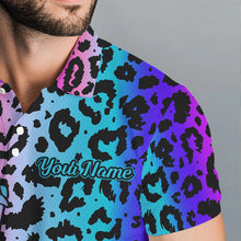 Load image into Gallery viewer, Neon Blue and purple leopard pattern Mens golf polo shirts Custom mens golf tops, unique golf gifts NQS9401