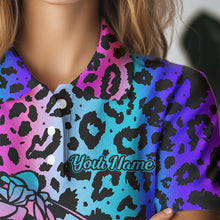 Load image into Gallery viewer, Neon Blue and purple leopard pattern Womens golf polo shirts Custom ladies golf tops, unique golf gift NQS9401