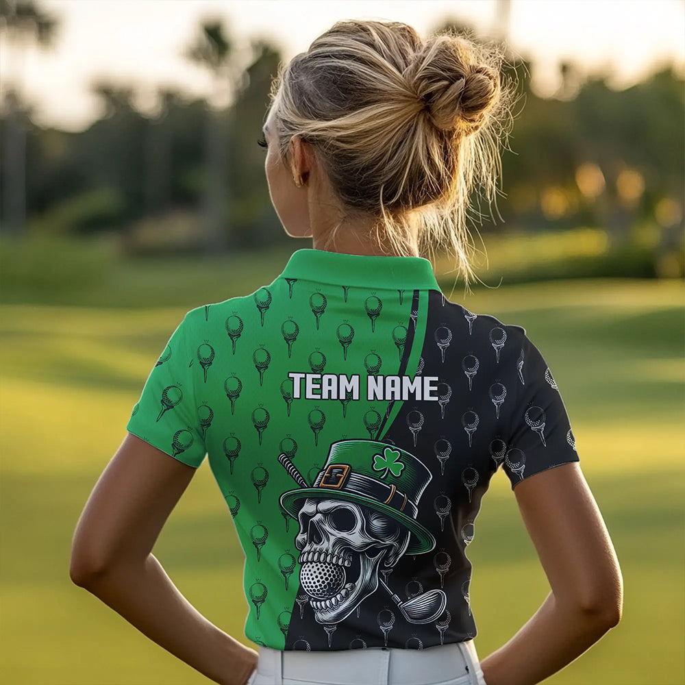 Personalized Black and Green Camo Skull Women golf polo shirts Custom St Patrick Day ladies golf wear NQS9566