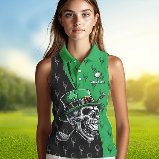 Black and Green Camo Skull Women sleeveless polo shirt Custom St Patrick Day ladies golf wear NQS9566