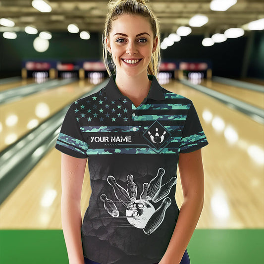 Personalized Turquoise camo American flag Custom Bowling Team Shirts For Women, Bowling League Jersey NQS9725