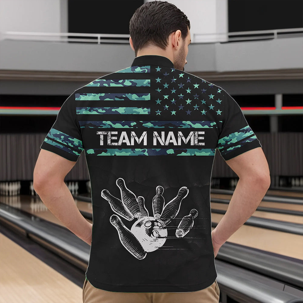 Personalized Turquoise camo American flag Custom Bowling Team Shirts For Mens, Bowling League Jersey NQS9725
