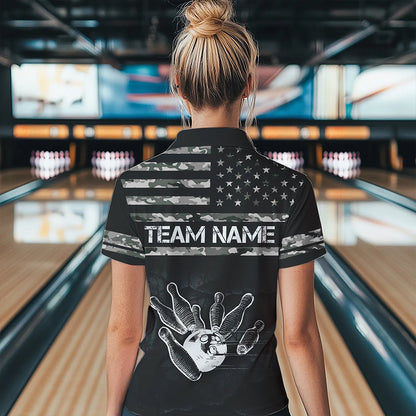 Personalized Black and White camo American flag Custom Bowling Team Shirts For Women Bowling Jersey NQS9726