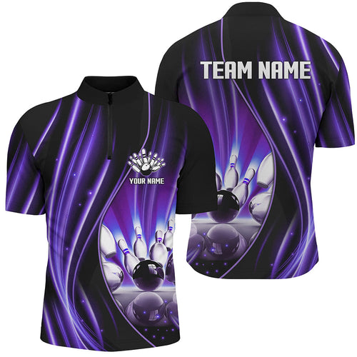 Purple and black light Men Polo, 1/4 Quarter Zip Shirts Custom bowling team jerseys, gift for bowlers NQS7861