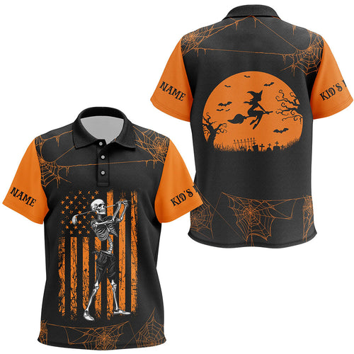 Black and Orange American Flag Halloween golf skull custom Kid golf polo shirts, Halloween golf polo NQS8305