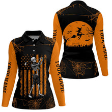 Load image into Gallery viewer, Black and Orange American Flag Halloween golf skull custom Women golf polo shirts, Halloween golf polo NQS8305