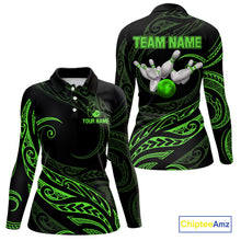 Load image into Gallery viewer, Black and Green Tribal Pattern Bowling Polo, Quarter Zip shirts For Women Custom Team Bowling Jerseys NQS10484