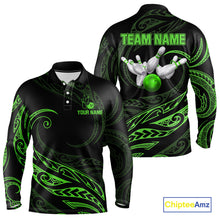 Load image into Gallery viewer, Black and Green Tribal Pattern Bowling Polo, Quarter Zip shirts For Men Custom Team Bowling Jerseys NQS10484