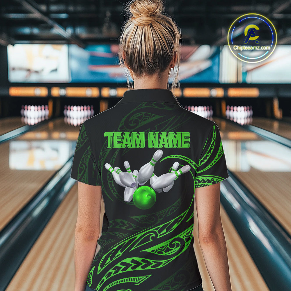 Black and Green Tribal Pattern Bowling Polo, Quarter Zip shirts For Women Custom Team Bowling Jerseys NQS10484