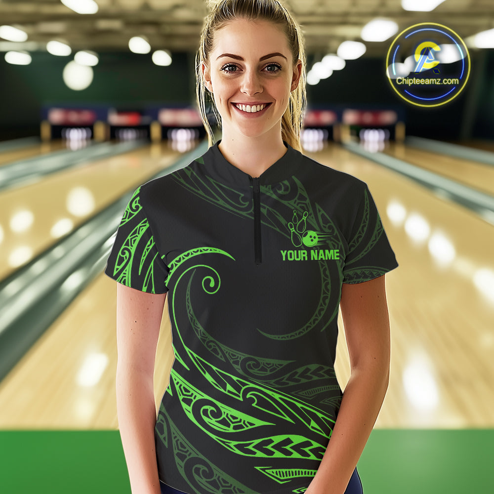 Black and Green Tribal Pattern Bowling Polo, Quarter Zip shirts For Women Custom Team Bowling Jerseys NQS10484
