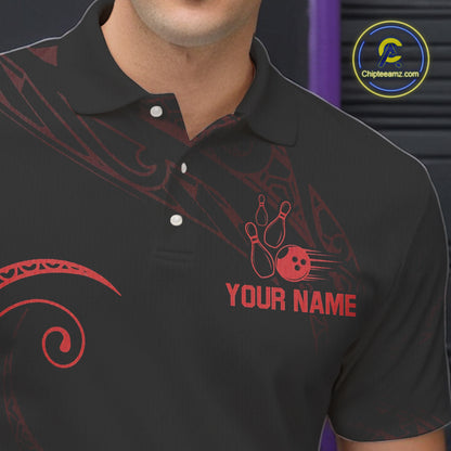 Black and Red Tribal Pattern Bowling Polo, Quarter Zip shirts For Men Custom Team Bowling Jerseys NQS10485