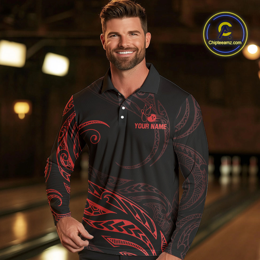 Black and Red Tribal Pattern Bowling Polo, Quarter Zip shirts For Men Custom Team Bowling Jerseys NQS10485