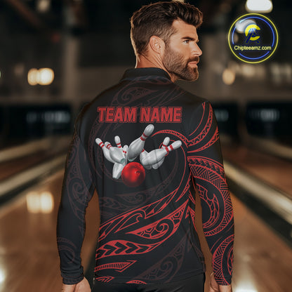 Black and Red Tribal Pattern Bowling Polo, Quarter Zip shirts For Men Custom Team Bowling Jerseys NQS10485