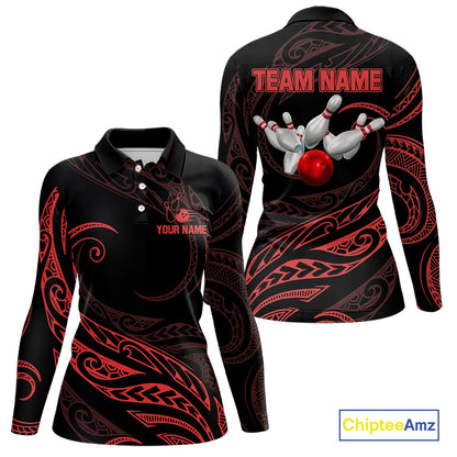 Black and Red Tribal Pattern Bowling Polo, Quarter Zip shirts For Women Custom Team Bowling Jerseys NQS10485