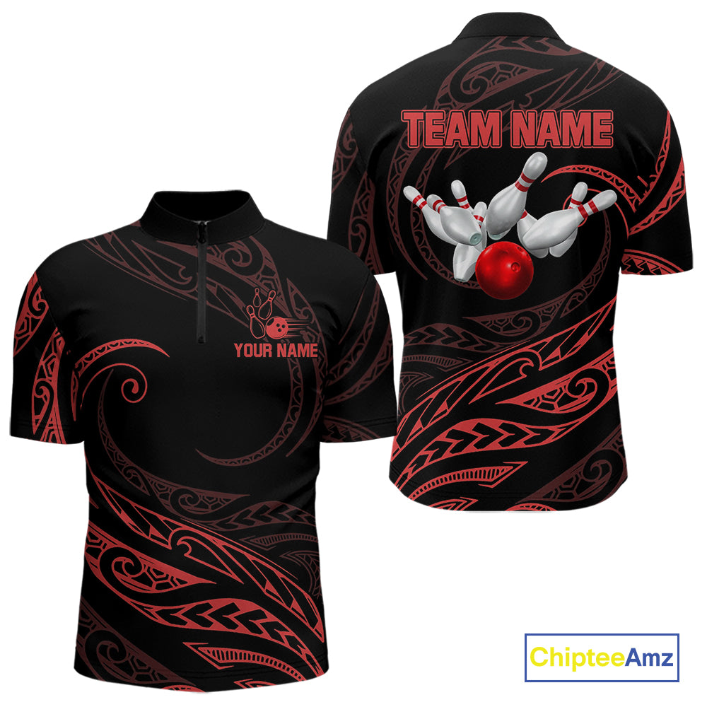 Black and Red Tribal Pattern Bowling Polo, Quarter Zip shirts For Men Custom Team Bowling Jerseys NQS10485