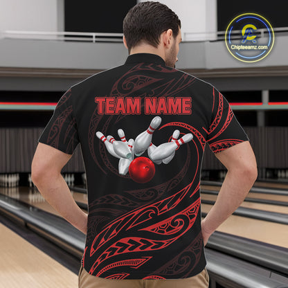 Black and Red Tribal Pattern Bowling Polo, Quarter Zip shirts For Men Custom Team Bowling Jerseys NQS10485