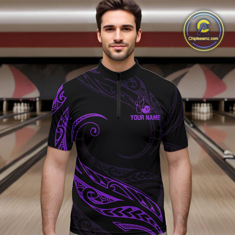 Black and Purple Tribal Pattern Bowling Polo, Quarter Zip shirts For Men Custom Team Bowling Jerseys NQS10486