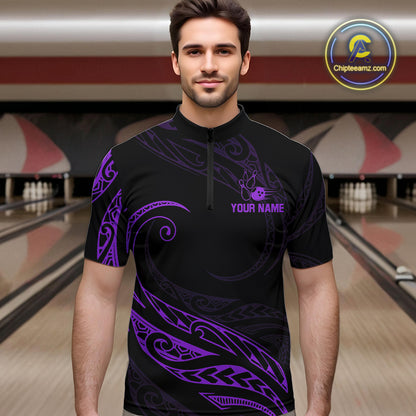 Black and Purple Tribal Pattern Bowling Polo, Quarter Zip shirts For Men Custom Team Bowling Jerseys NQS10486