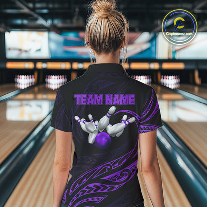 Black and Purple Tribal Pattern Bowling Polo, Quarter Zip shirts For Women Custom Team Bowling Jersey NQS10486