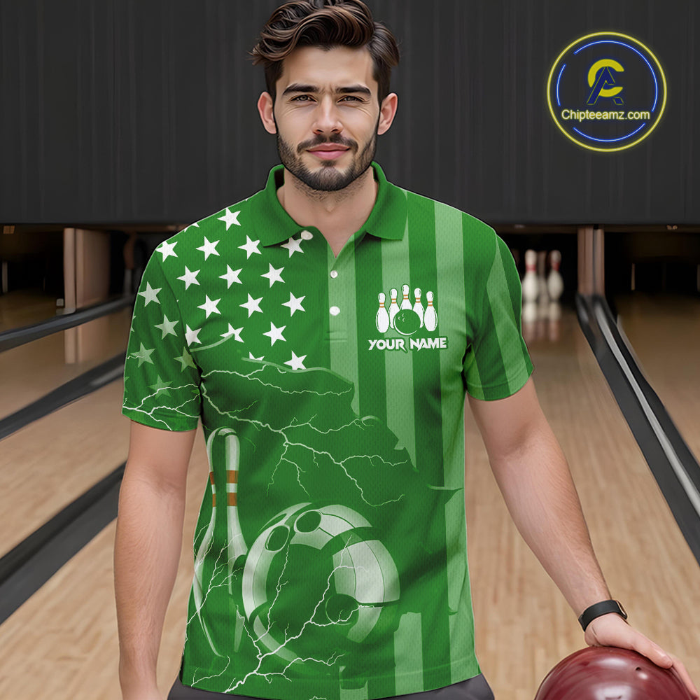 Personalized Green American flag Lightning thunder Custom Bowling Team Shirts For Mens Bowling Jersey NQS10487