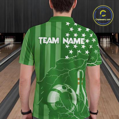 Personalized Green American flag Lightning thunder Custom Bowling Team Shirts For Mens Bowling Jersey NQS10487