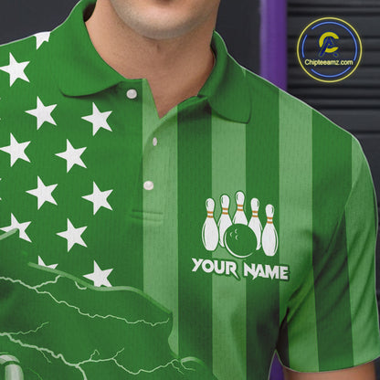 Personalized Green American flag Lightning thunder Custom Bowling Team Shirts For Mens Bowling Jersey NQS10487