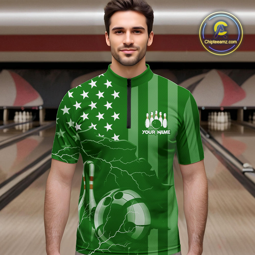 Personalized Green American flag Lightning thunder Custom Bowling Team Shirts For Mens Bowling Jersey NQS10487