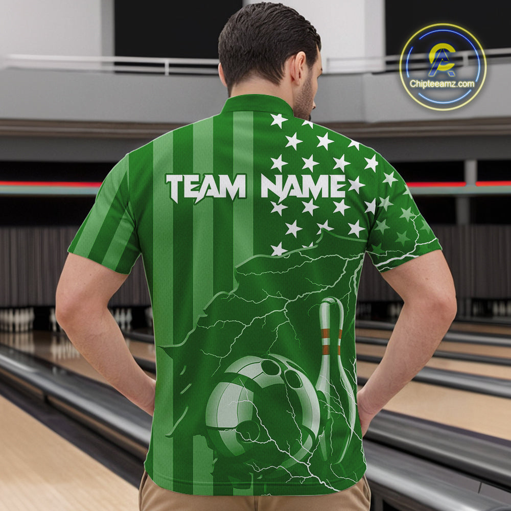 Personalized Green American flag Lightning thunder Custom Bowling Team Shirts For Mens Bowling Jersey NQS10487