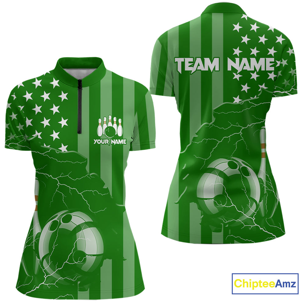 Personalized Green American flag Lightning thunder Custom Bowling Team Shirt For Women Bowling Jersey NQS10487