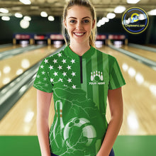 Load image into Gallery viewer, Personalized Green American flag Lightning thunder Custom Bowling Team Shirt For Women Bowling Jersey NQS10487